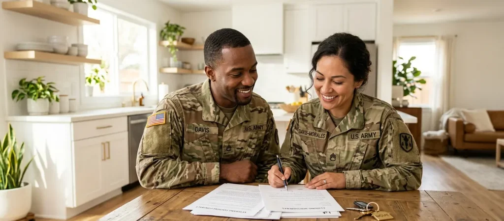 Military couple reviewing VA loan documents at home in San Diego