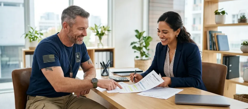 San Diego veteran meeting with mortgage broker to check VA loan eligibility