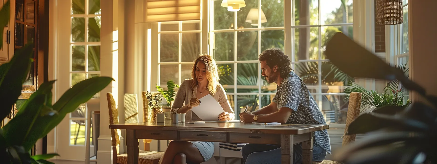 a real estate agent and a homebuyer sitting at a table, signing paperwork together.