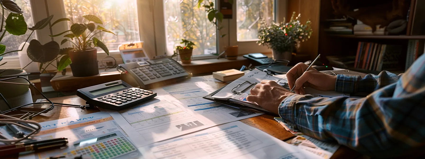 a person sitting at a desk with a calculator, budget planner, and mortgage documents.