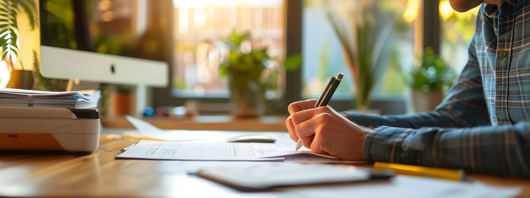 a person confidently signing paperwork at a sleek, modern desk in a bright, airy room, surrounded by folders and a computer displaying mortgage information.