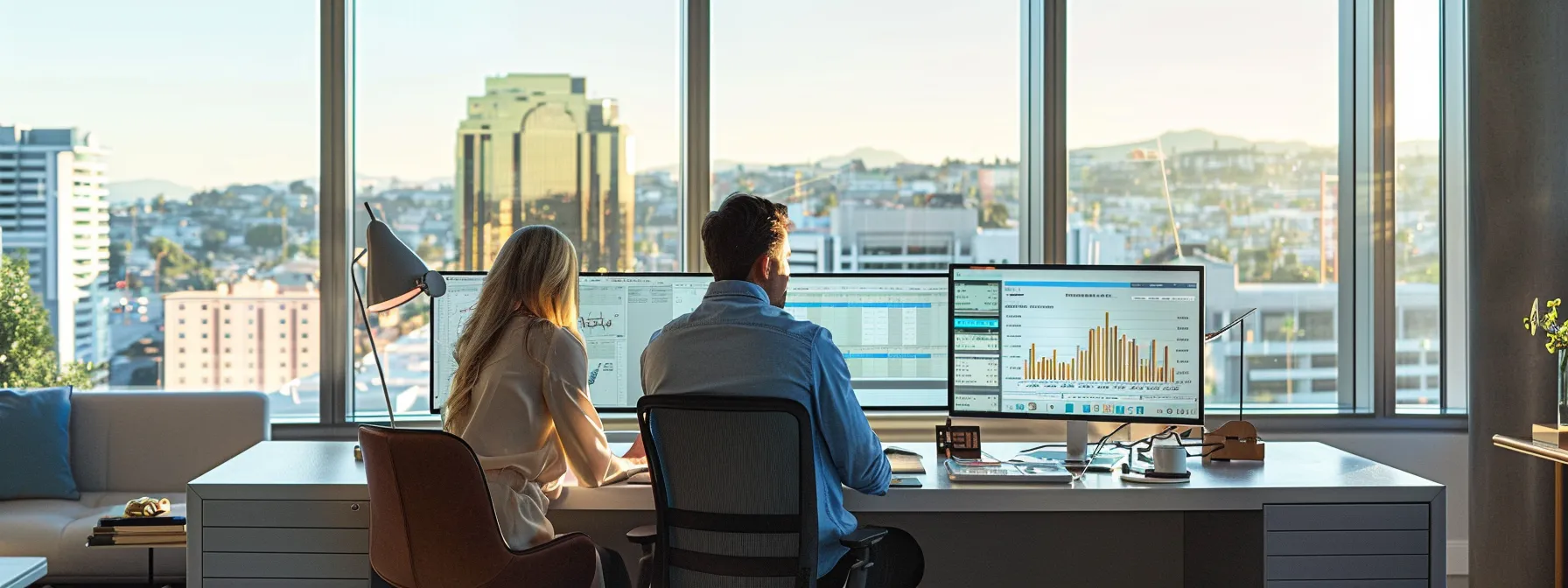 a couple sitting at a sleek, modern desk adorned with multiple computer screens, analyzing mortgage rates and lender reviews on a sunny san diego afternoon.