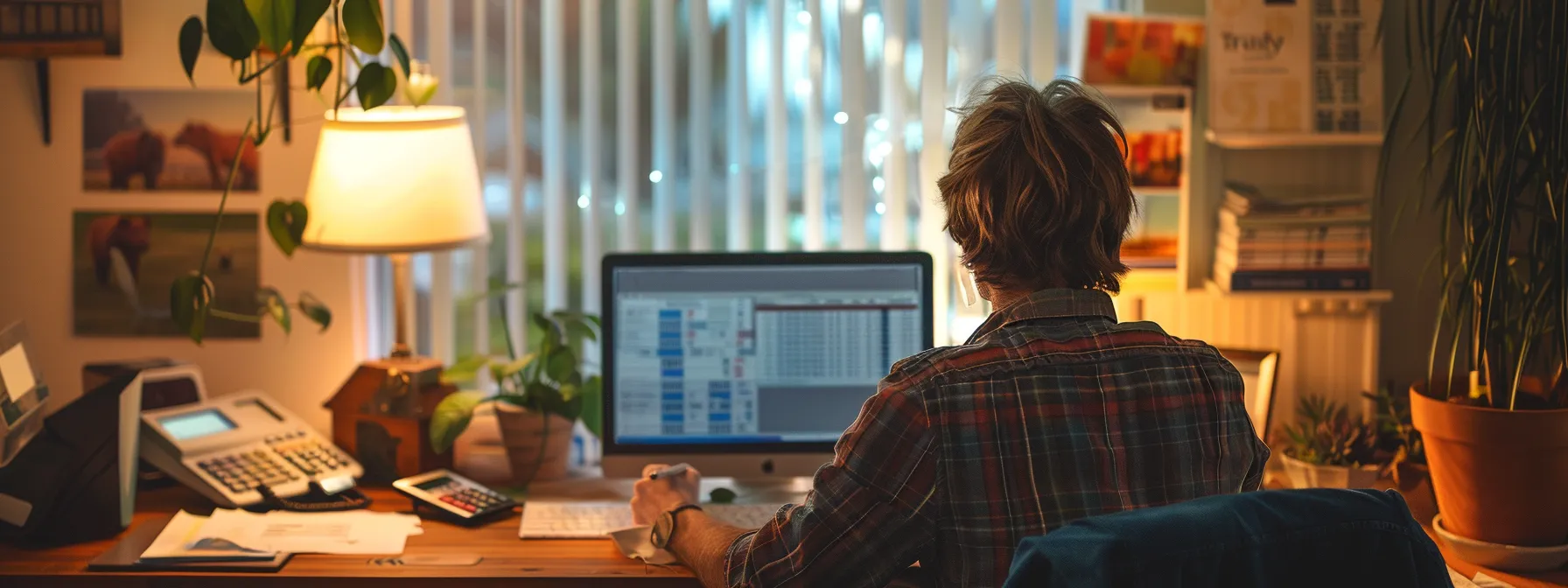 a person in a cozy san diego home office surrounded by financial documents, a laptop displaying mortgage rates, and a calculator, deep in thought about refinancing options.