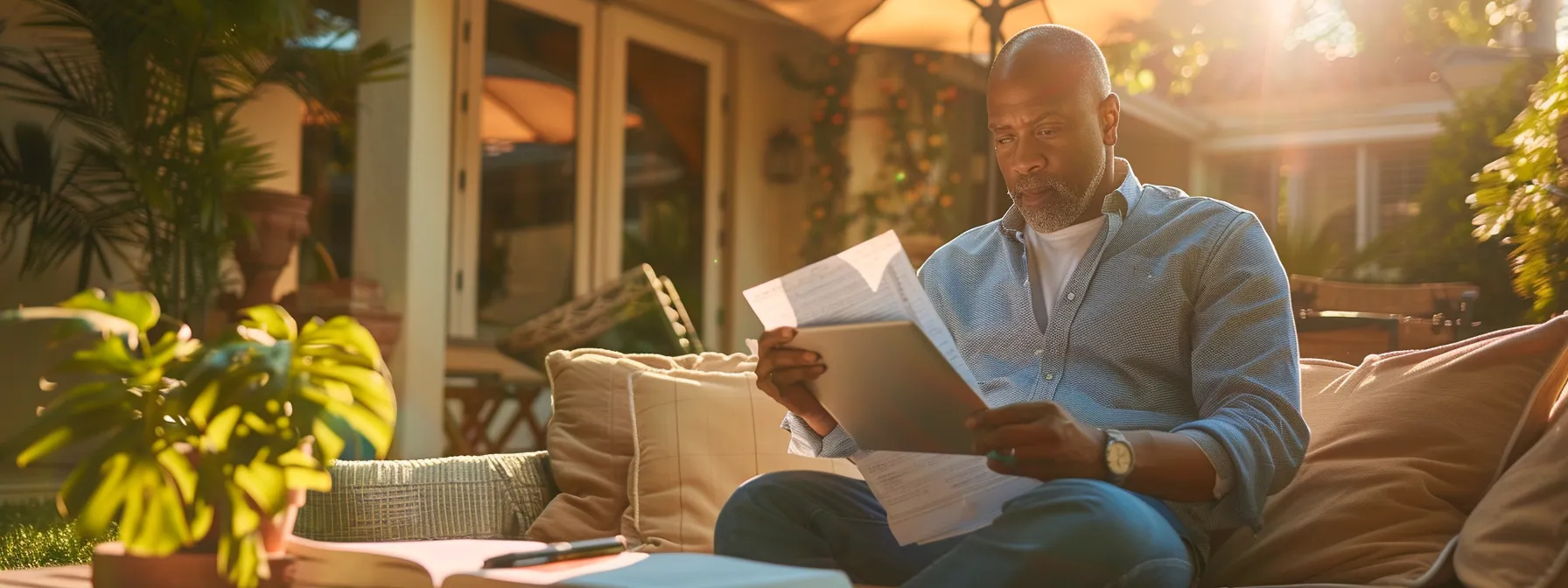 a homeowner in san diego carefully comparing various home equity loan and refinancing options on a sunny patio with paperwork and a laptop in front of them.