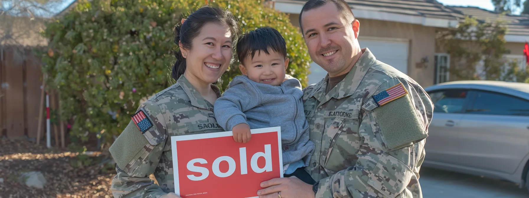 a smiling military family standing in front of their new home with a "sold" sign in the yard, celebrating their successful va home loan in sunny san diego.