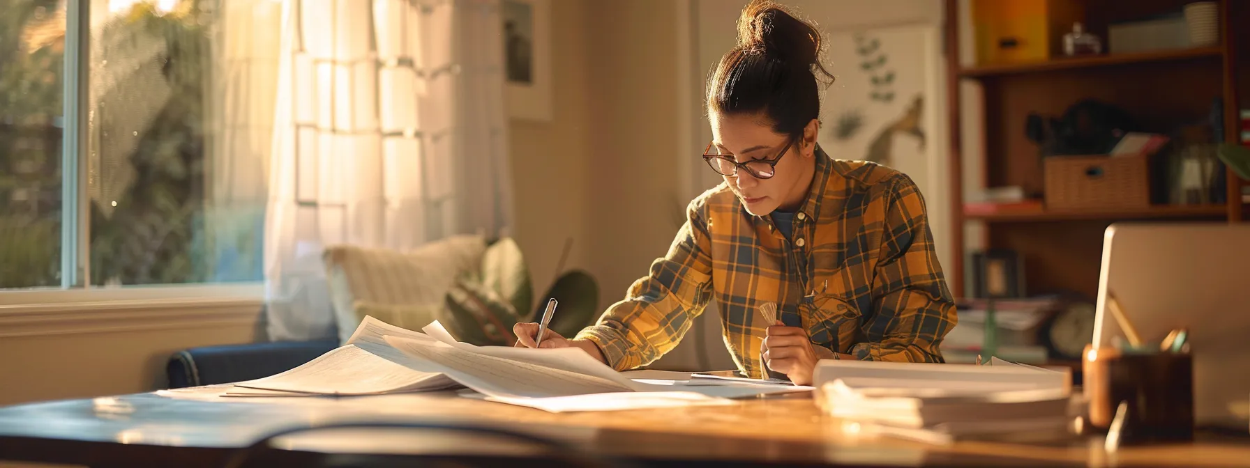 a homeowner in san diego carefully reviewing budgeting and insurance documents at a modern, well-lit desk.