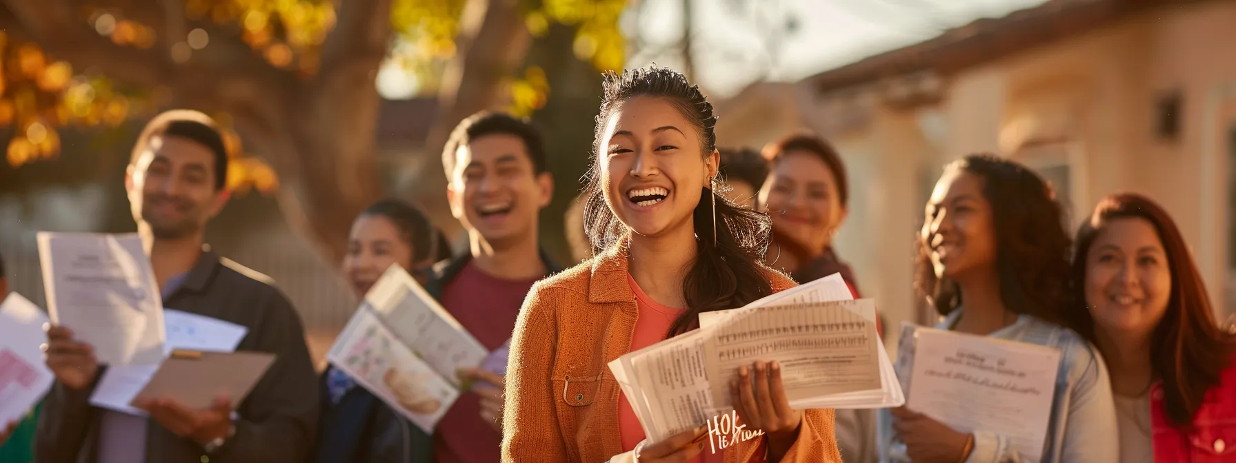 a diverse group of happy homeowners holding keys to their new houses, surrounded by stacks of paperwork and mortgage documents, in a vibrant san diego county neighborhood.