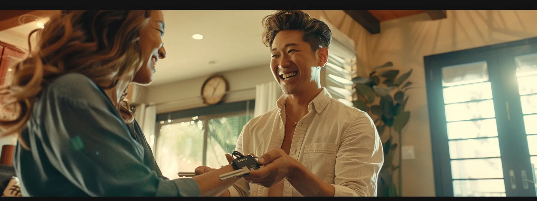 a young couple smiling while receiving the keys to their first home in san diego.