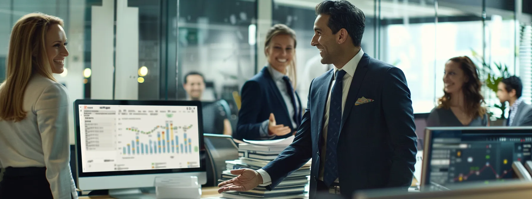 a couple shaking hands with a smiling banker in a modern office setting, surrounded by stacks of paperwork and a computer displaying financial charts.