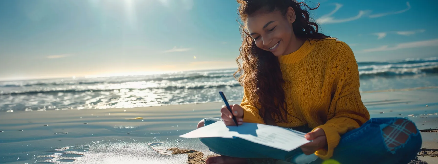 a person smiling and looking confident while filling out a mortgage application on a sunny beach in san diego.