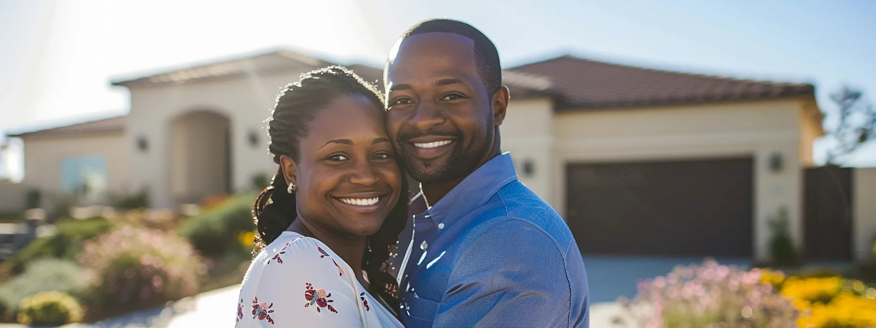 a smiling couple standing in front of a beautiful, move-in ready home in san diego, showcasing the key advantages of their va home loan benefits.