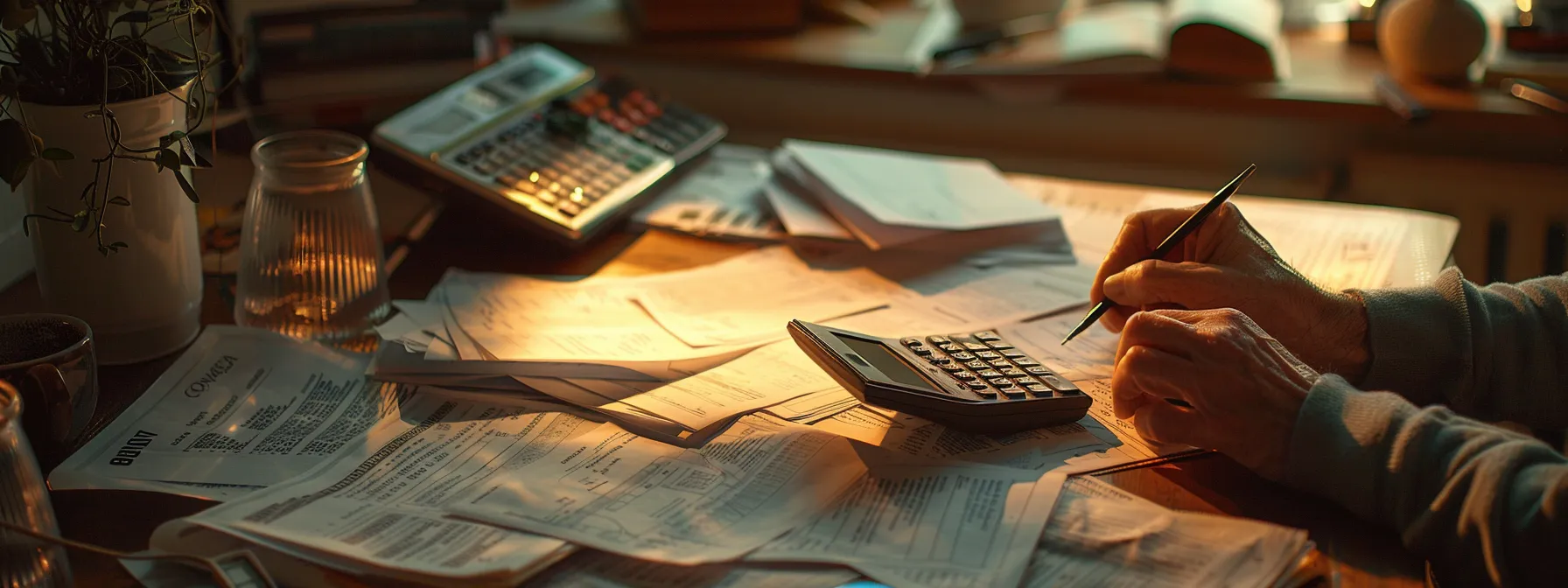 a person reviewing financial documents with a calculator and credit report spread out on a desk, surrounded by home loan information and grant eligibility criteria.