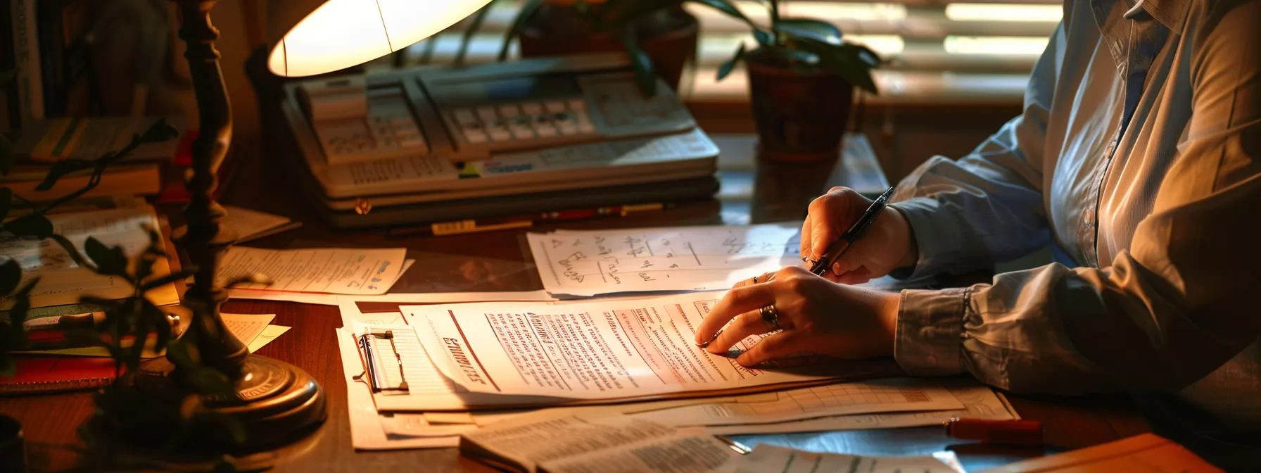 a person carefully filling out a grant application form at a well-lit desk, surrounded by organized paperwork and a computer displaying a website about avoiding common pitfalls when applying for grants.