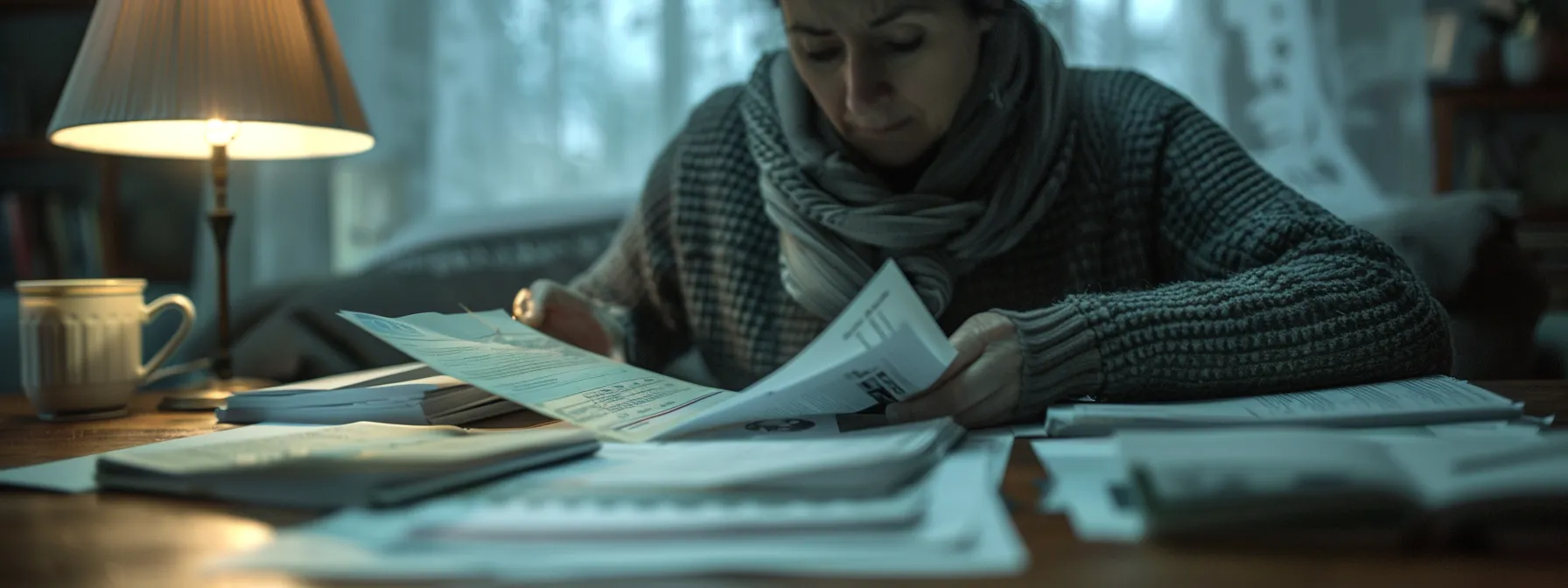 a person carefully reviewing and organizing financial documents in preparation for a grant application.