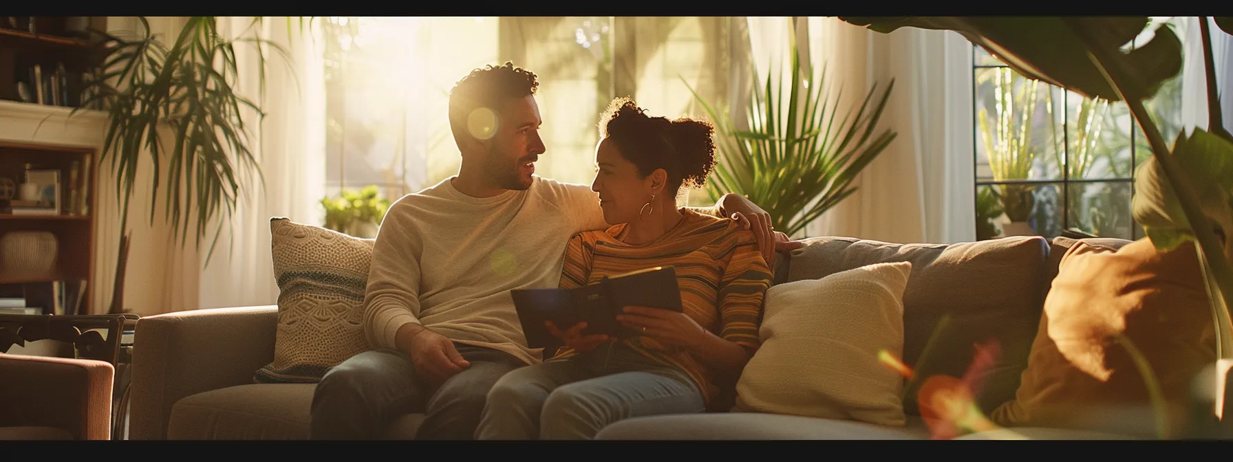 a couple sitting on a cozy couch in a bright, airy living room in san diego, discussing financial documents and home equity loan options.