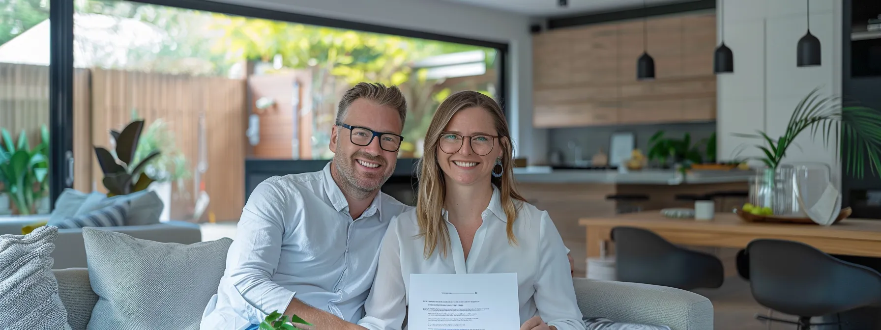 a happy couple in their newly renovated home, smiling with satisfaction and holding their mortgage paperwork, surrounded by modern furniture and stylish decor.