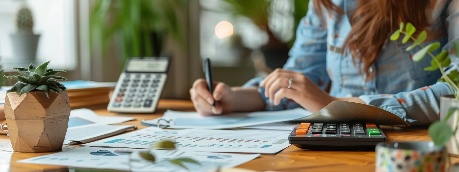 a person reviewing a variety of financial assistance options in a cozy office setting, surrounded by charts, graphs, and calculators.