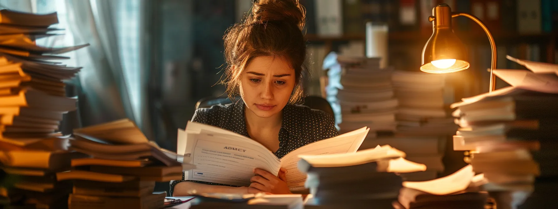 a person sitting at a desk surrounded by stacks of paperwork, looking through mortgage loan documents with a determined expression.