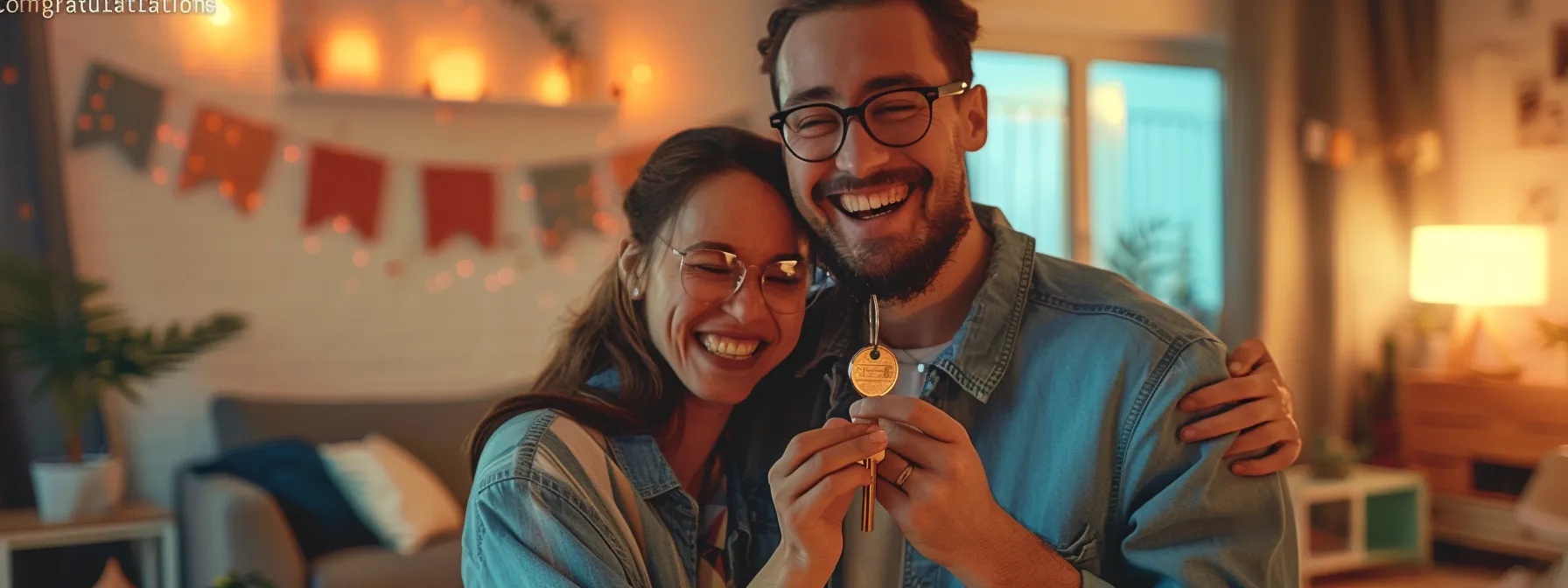 a delighted couple holding keys to their new, modern home with a "congratulations" banner in the background.