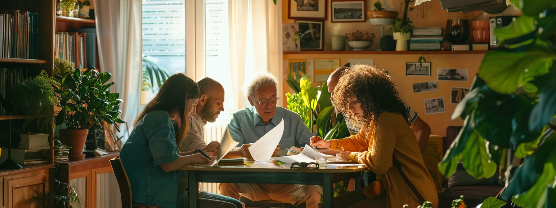 a diverse group of hopeful individuals studying financial documents together at a brightly lit table in a cozy living room, surrounded by houseplants and family photos.