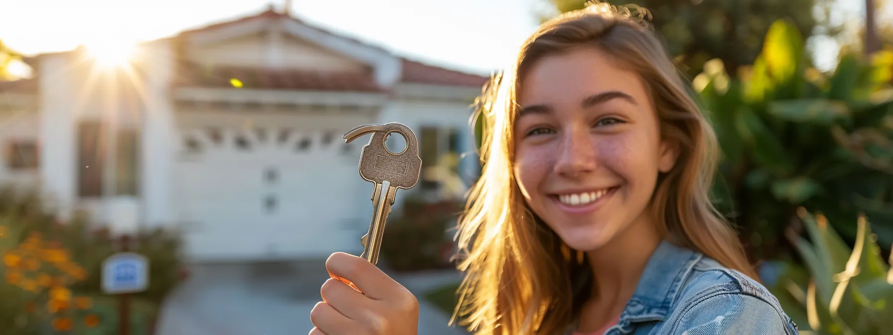 a first-time homebuyer smiling happily while holding a large, symbolic key in front of a charming san diego home.