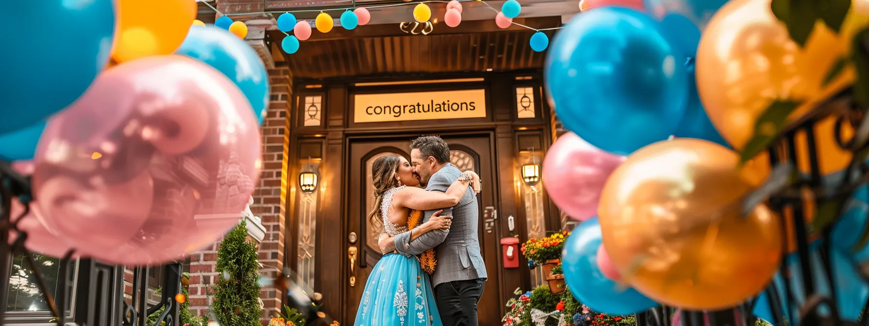 a joyful couple embracing in front of their dream home, decorated with a "congratulations" banner and surrounded by colorful balloons.