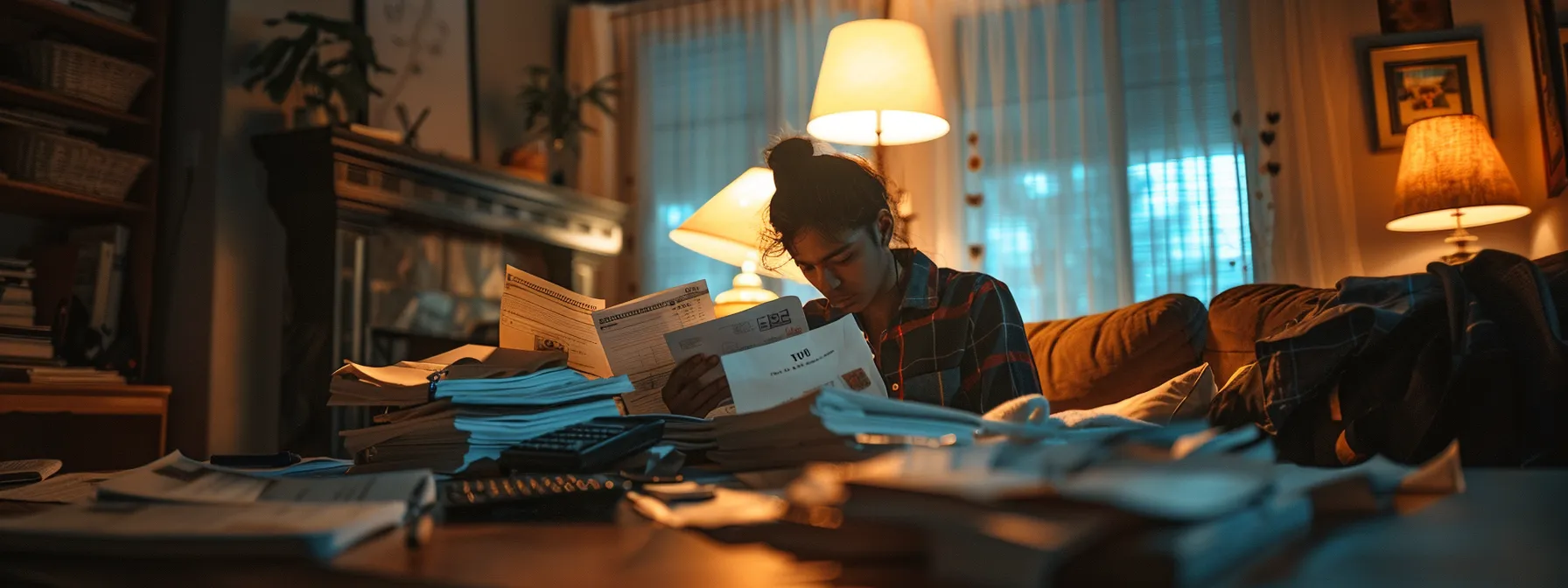 a person surrounded by paperwork, a computer, and a calculator, diligently preparing their financial profile to apply for first-time homebuyer grants in san diego.