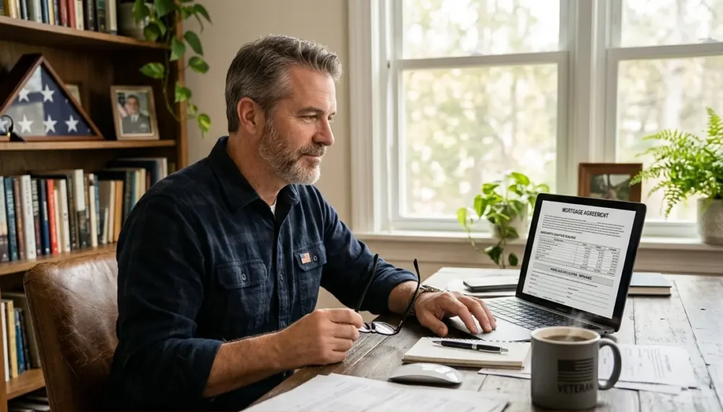 San Diego veteran reviewing VA IRRRL refinance documents at home