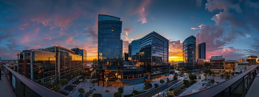 a panoramic view of san diego's skyline during golden hour, showcasing modern buildings reflecting vibrant sunset colors, symbolizing the choices in refinancing options.