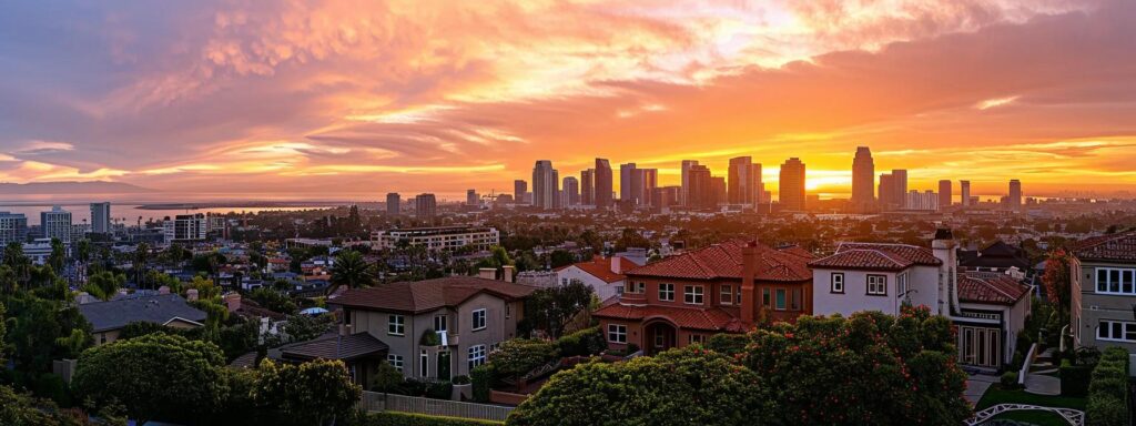 a serene san diego skyline at sunset, showcasing elegant homes with lush greenery, symbolizing the promise of financial renewal through mortgage refinance options.