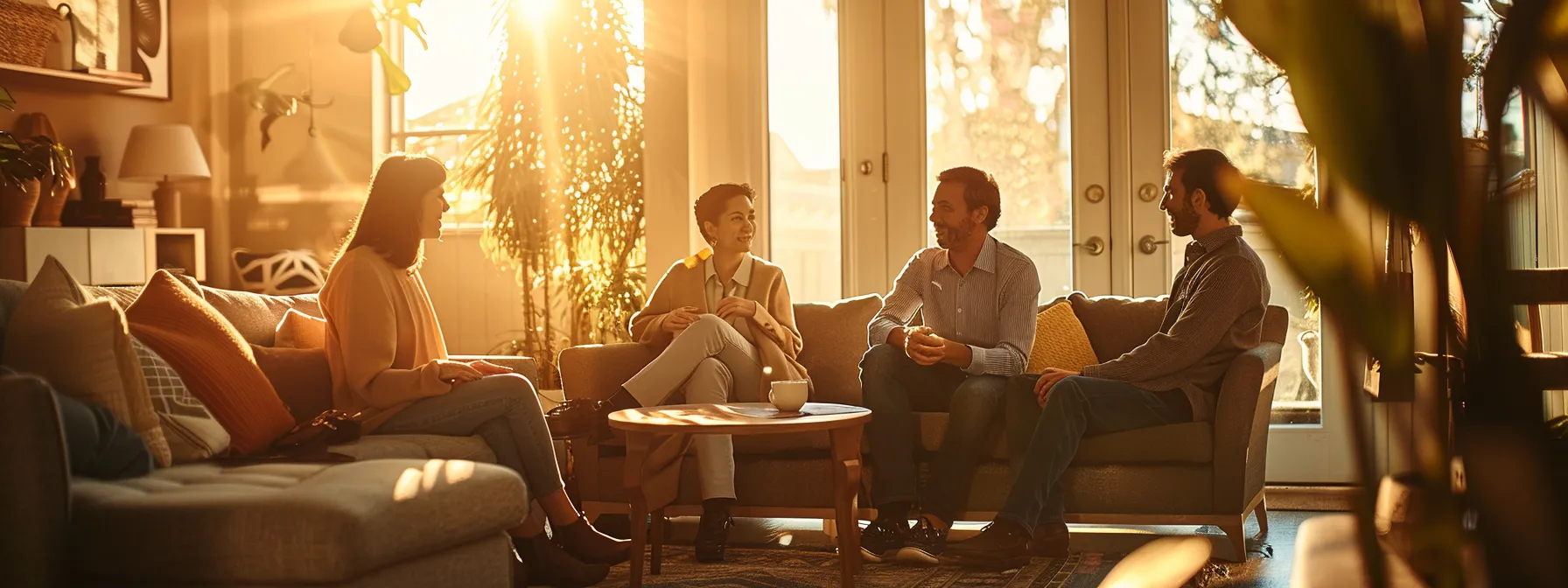 local home loan experts discussing mortgage options with a couple in a cozy living room.