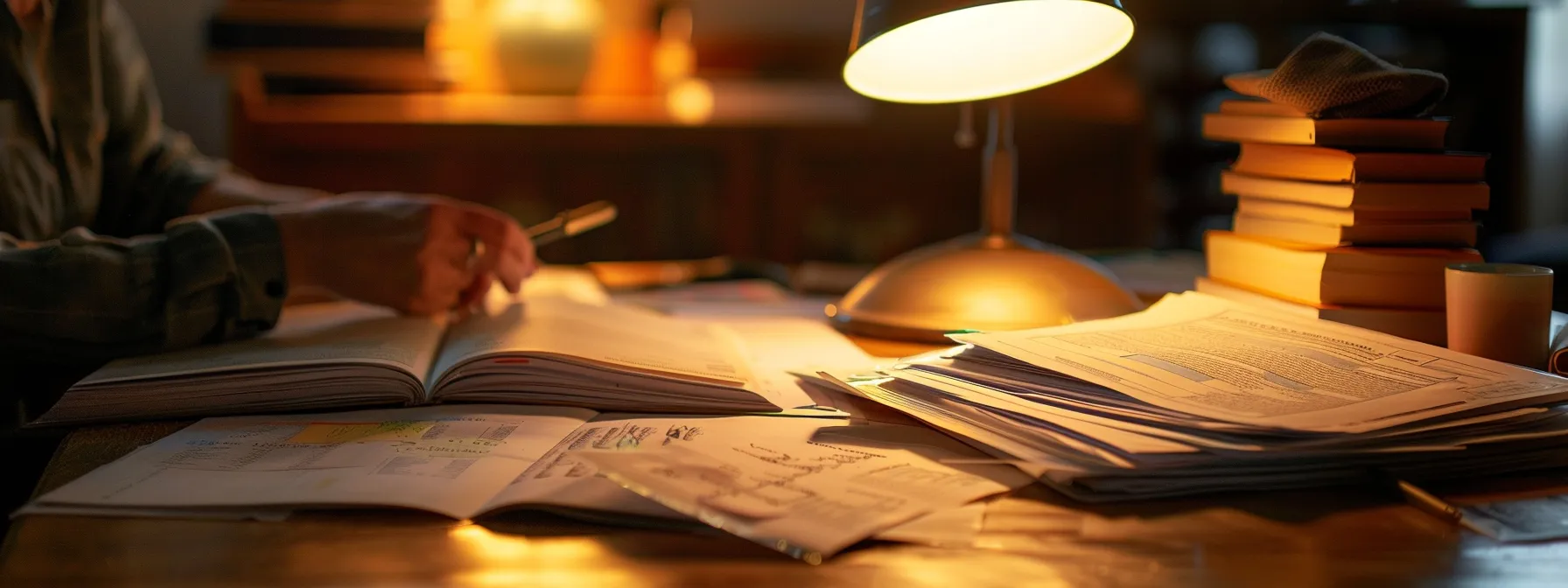 a person organizing documents on a table for a refinance application.