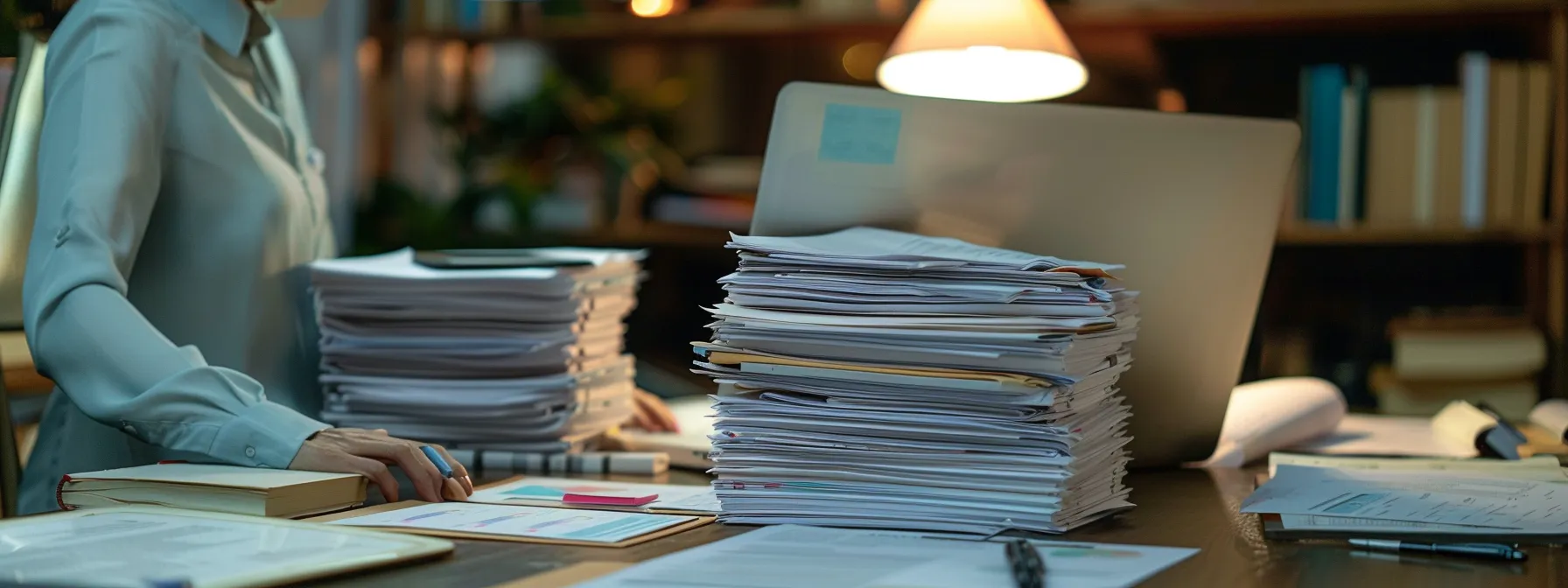 a person meticulously organizing financial documents at a sleek desk, with a laptop open and a stack of papers neatly arranged.