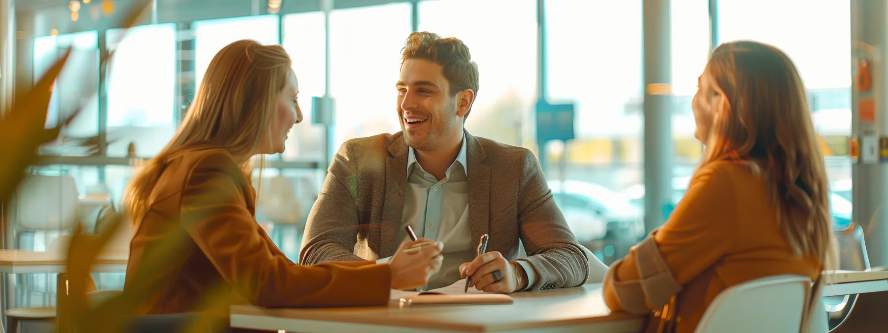 a bank officer discussing refinancing options with a couple in a bright and modern office setting.