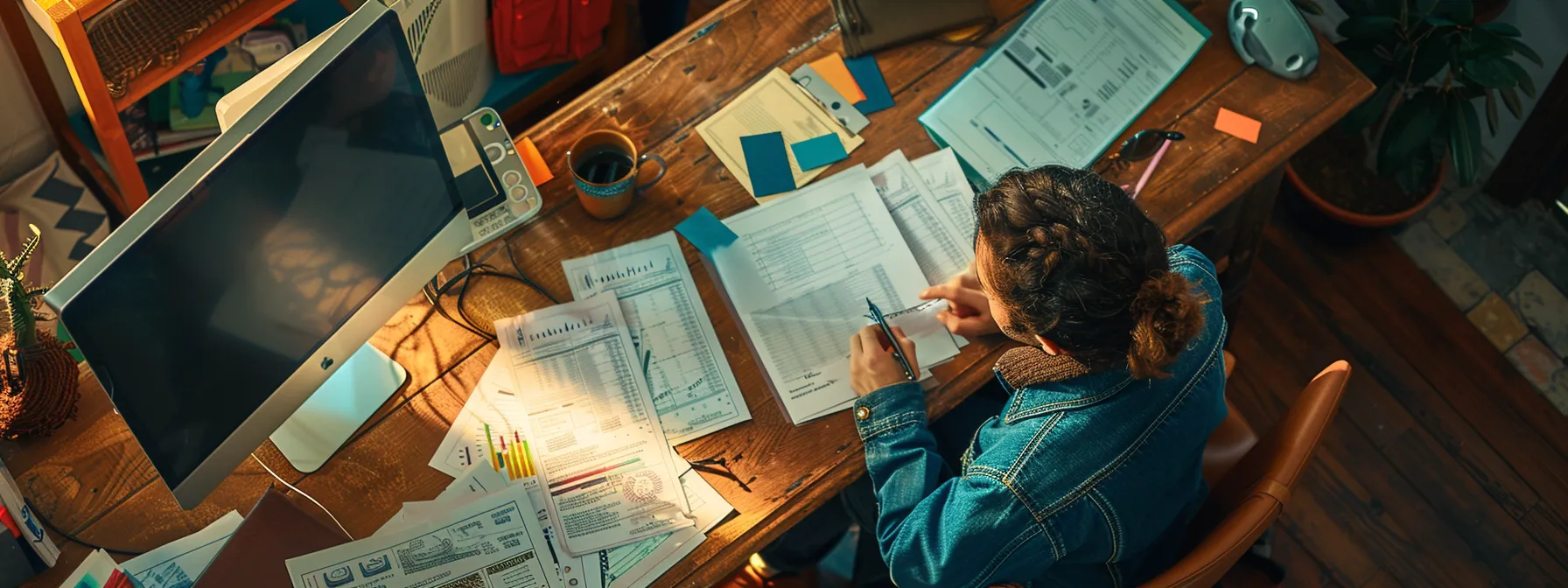 a person confidently consulting with a financial advisor at a desk, surrounded by paperwork, charts, and a computer, ensuring a smooth mortgage process.