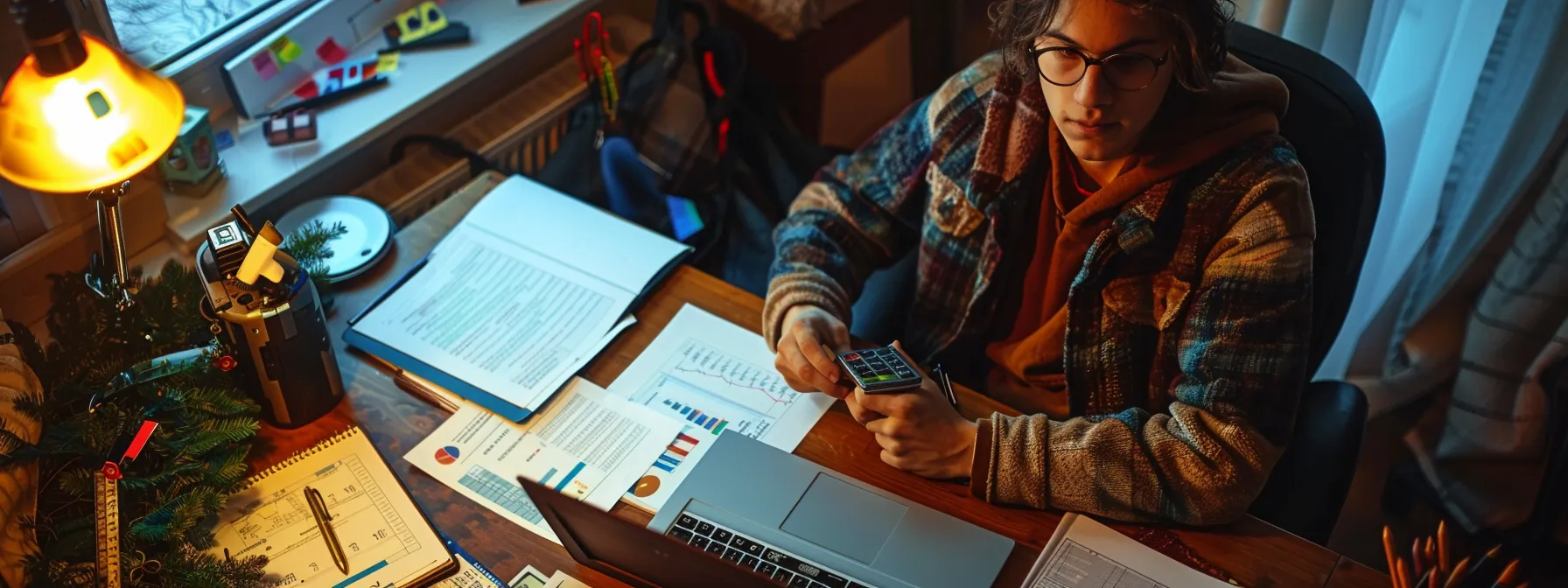 a person sitting at a desk with a calculator, mortgage paperwork, and a laptop, surrounded by charts and graphs, deep in contemplation about refinancing options.
