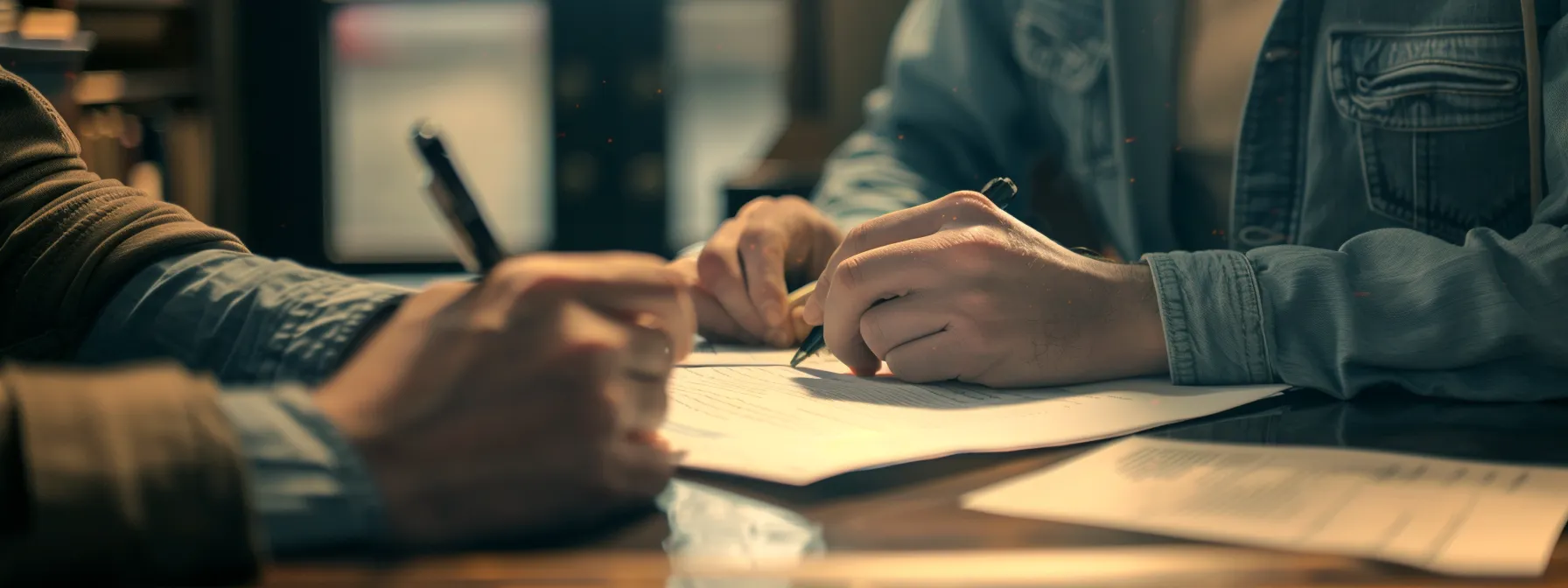 a person signing legal documents at a desk with a mortgage broker.