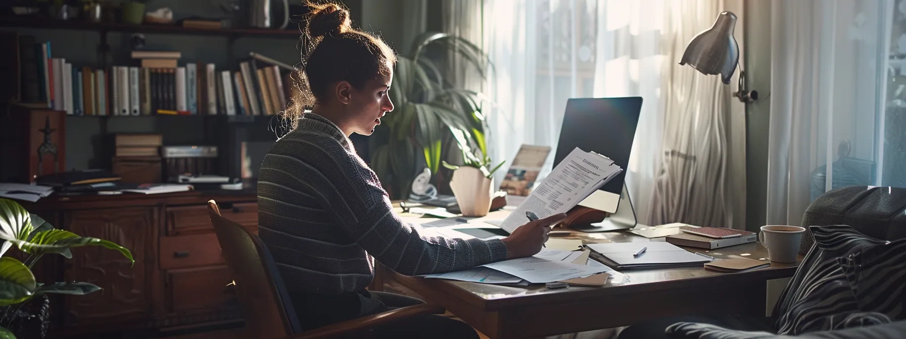a person reviewing papers related to refinancing on a desk at home.