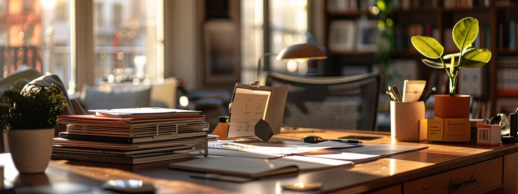 a diverse array of va loan options laid out on a modern desk with bright sunlight streaming through a nearby window.