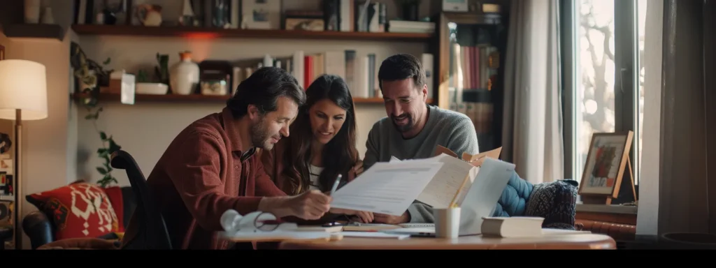 a couple reviewing paperwork with a mortgage broker at a desk in a home office.
