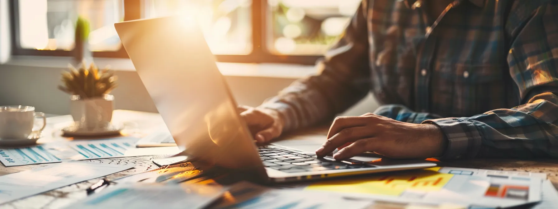a person sitting at a desk with a laptop, looking at various charts and graphs related to san diego refinance rates and lenders.