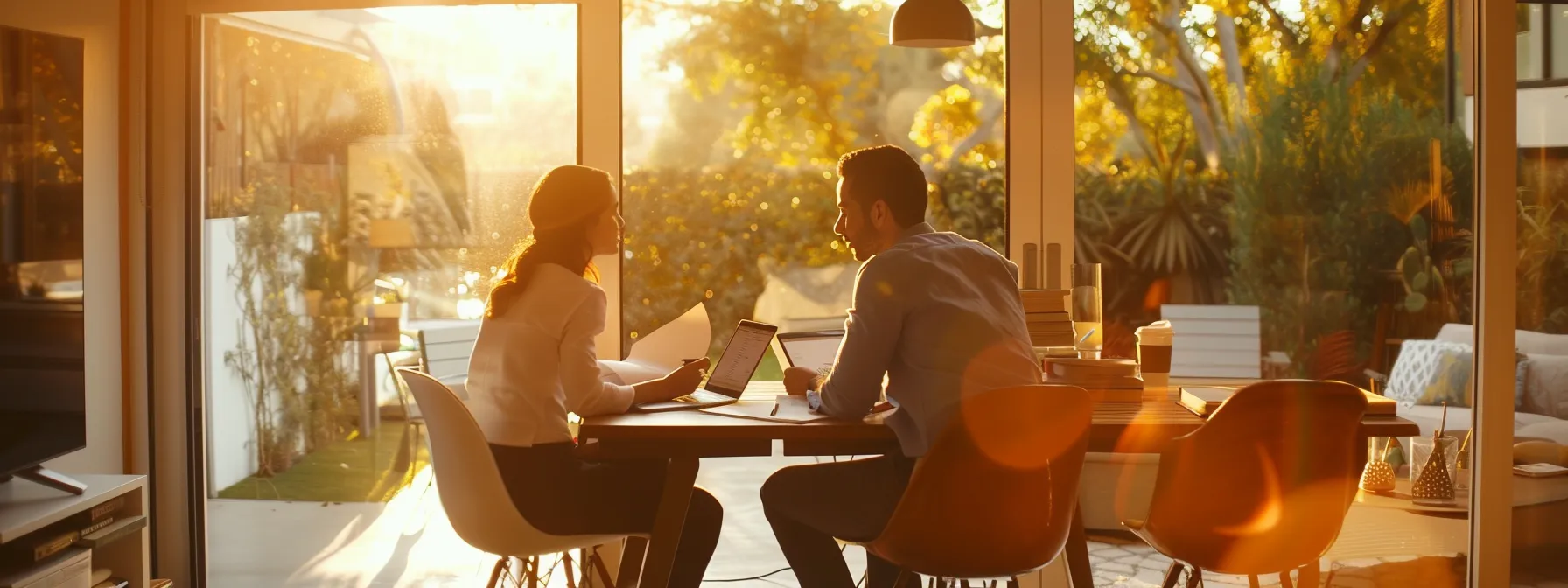 a couple sitting at a sleek, modern desk in a sunlit room, surrounded by paperwork and a laptop, discussing mortgage refinancing in san diego. a couple sitting at a sleek, modern desk in a sunlit room, surrounded by paperwork and a laptop, discussing mortgage refinancing in san diego.