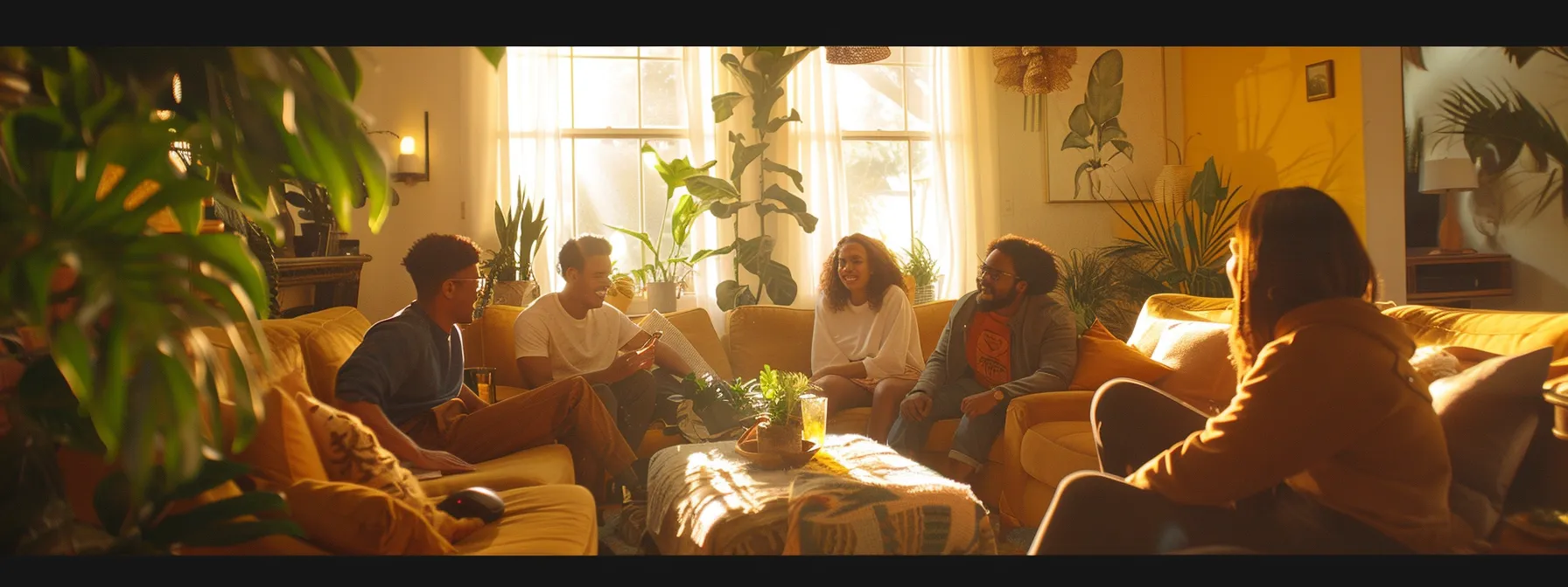 a diverse group of first-time homebuyers happily discussing san diego homebuyer grants and assistance programs in a cozy living room setting.