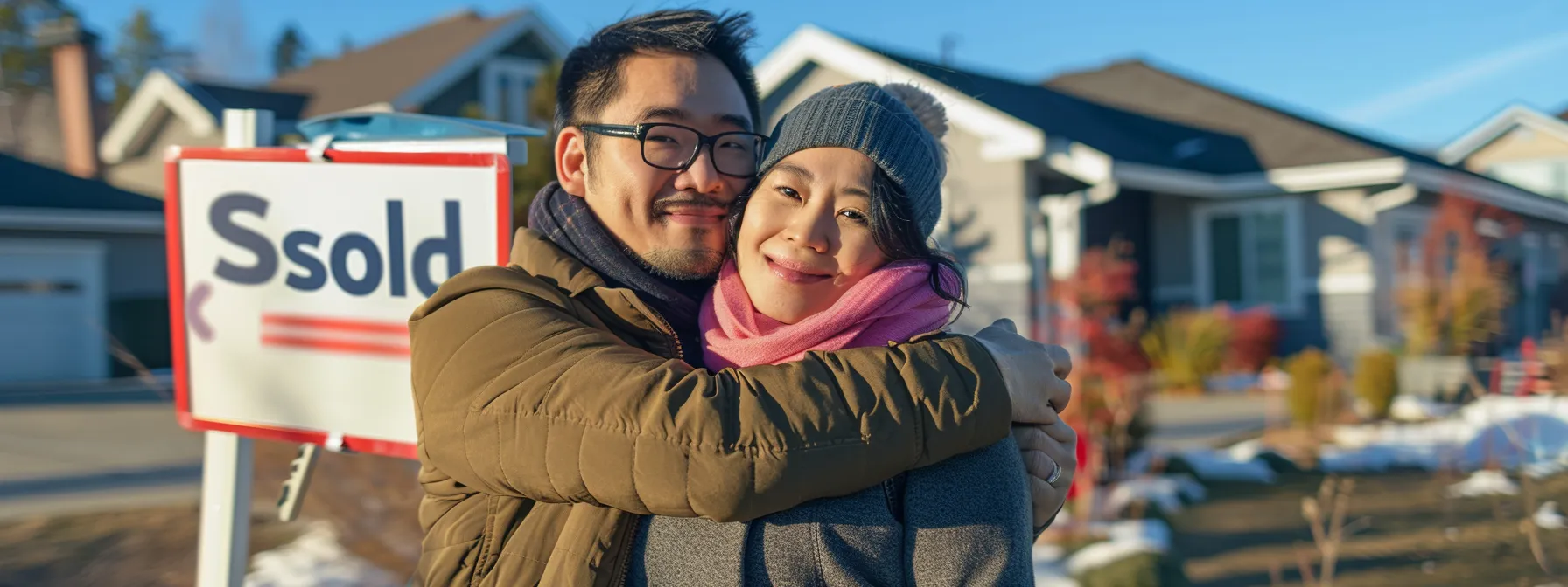a happy couple standing in front of their new home, holding keys with a 