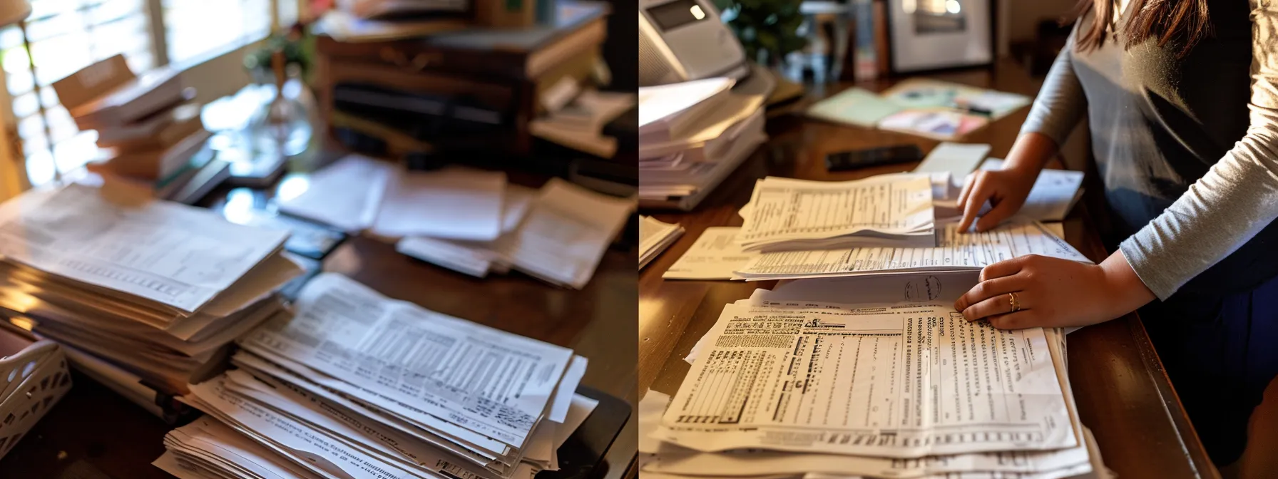 a person organizing a stack of documents on a table, including bank statements, tax returns, and proof of income, for a grant application for a first-time home buyer program in san diego.