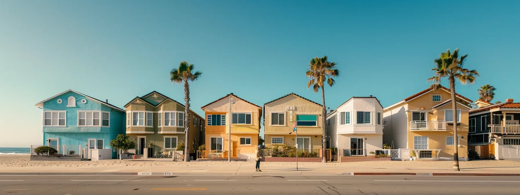 a person standing in front of a row of sunny san diego beachfront homes, comparing local and national lender options on their phone. a person standing in front of a row of sunny san diego beachfront homes, comparing local and national lender options on their phone.