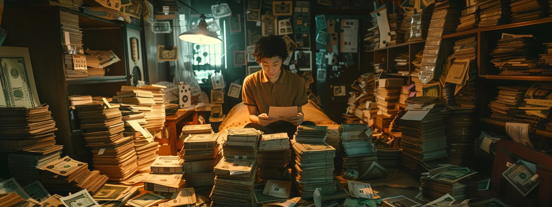 a person surrounded by stacks of dollar bills, keys to a new home, and tax credit forms, symbolizing the abundance of financial assistance options for first-time home buyers in san diego.