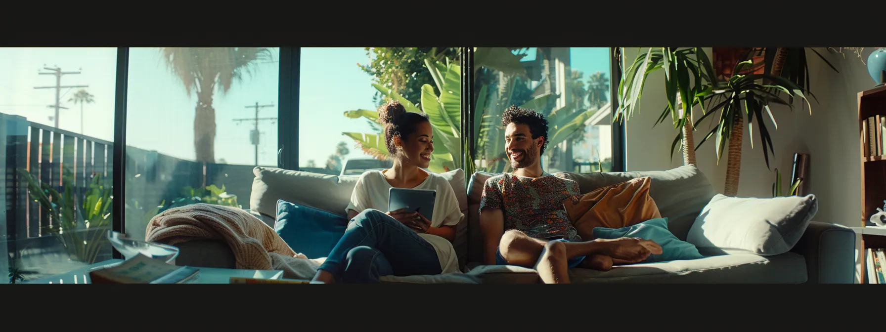 a young couple happily submitting their san diego first-time buyer grant application online from the comfort of their modern living room.