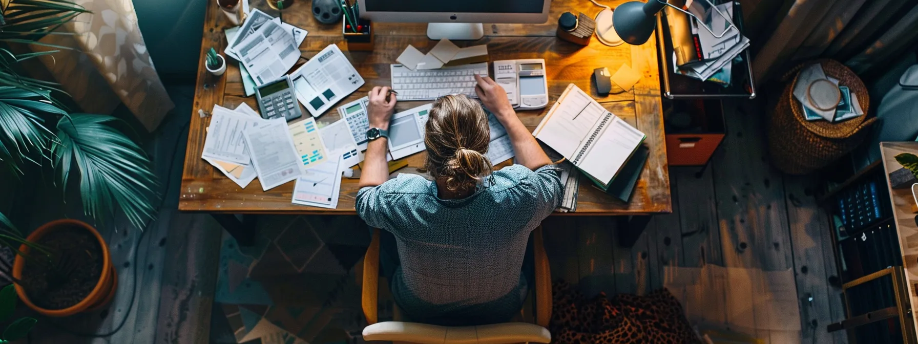 a person sitting at a desk, surrounded by paperwork and a computer, comparing different mortgage companies in san diego for a refinance.