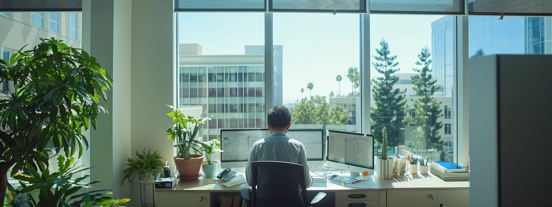 a person in a bright, modern office in san diego, carefully comparing mortgage offers from different lenders.
